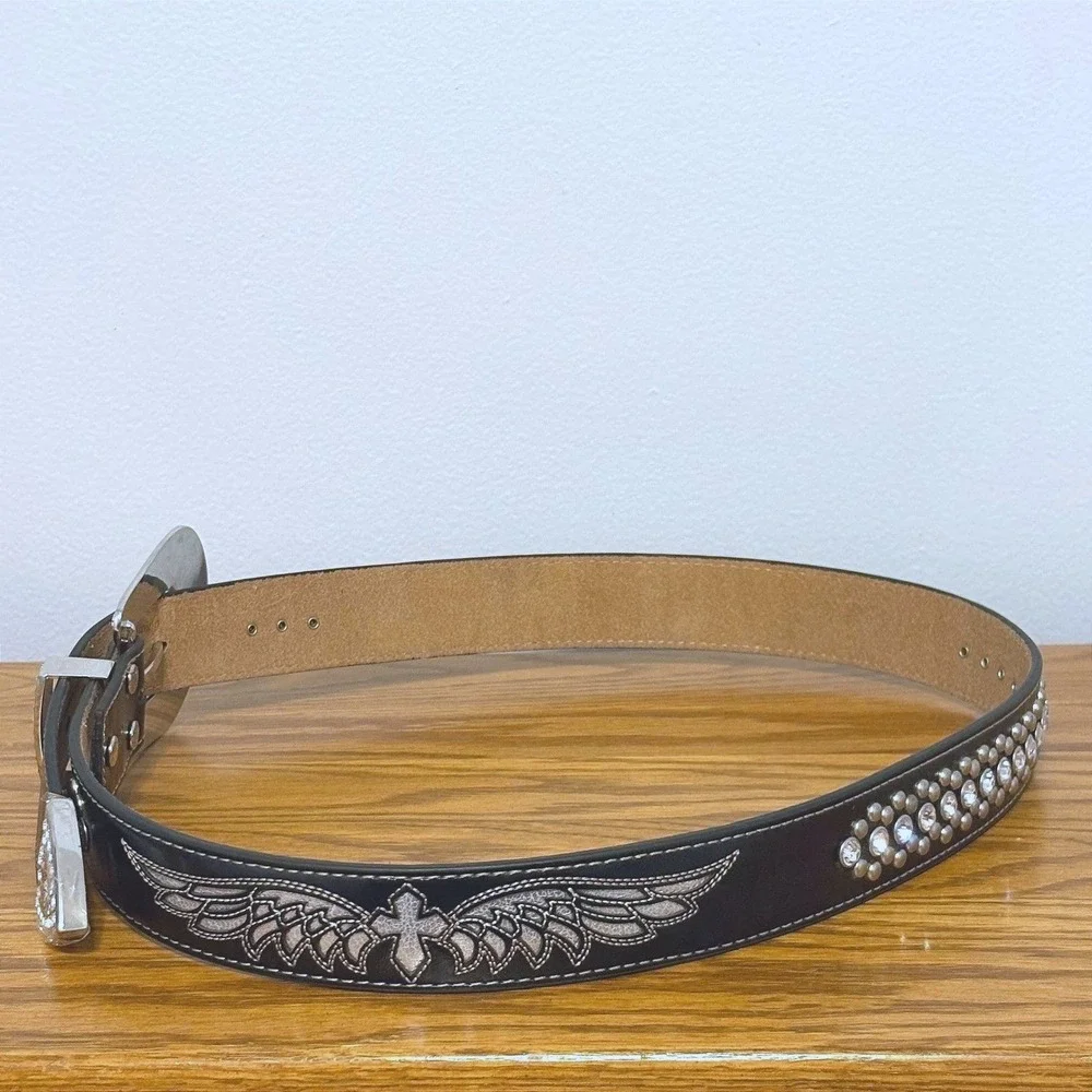 Nocona Belt Co Womens‎ Black Rhinestone Angel Wing Cross Western Belt N3490801 L